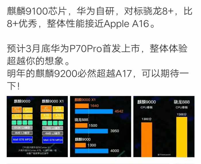 P70Pro或将首发麒麟9100芯片，性能接近 A16，Mate70系列更受期待